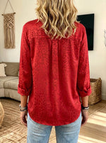 Women Red Leopard Jacquard Long Sleeve Button‑Down Shirt
