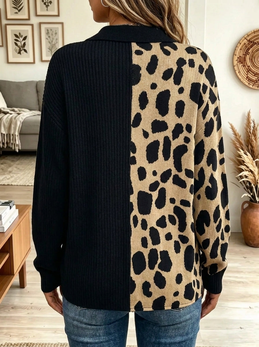 Women's Asymmetrical Leopard Patchwork Button Cardigan Sweater
