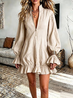 Vintage Elegant Zip-neck Stand-collar Ruffled Cotton-linen Blend Dress