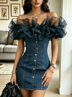 Women's Off-the-Shoulder Tulle Ruffle Denim Bodycon Dress