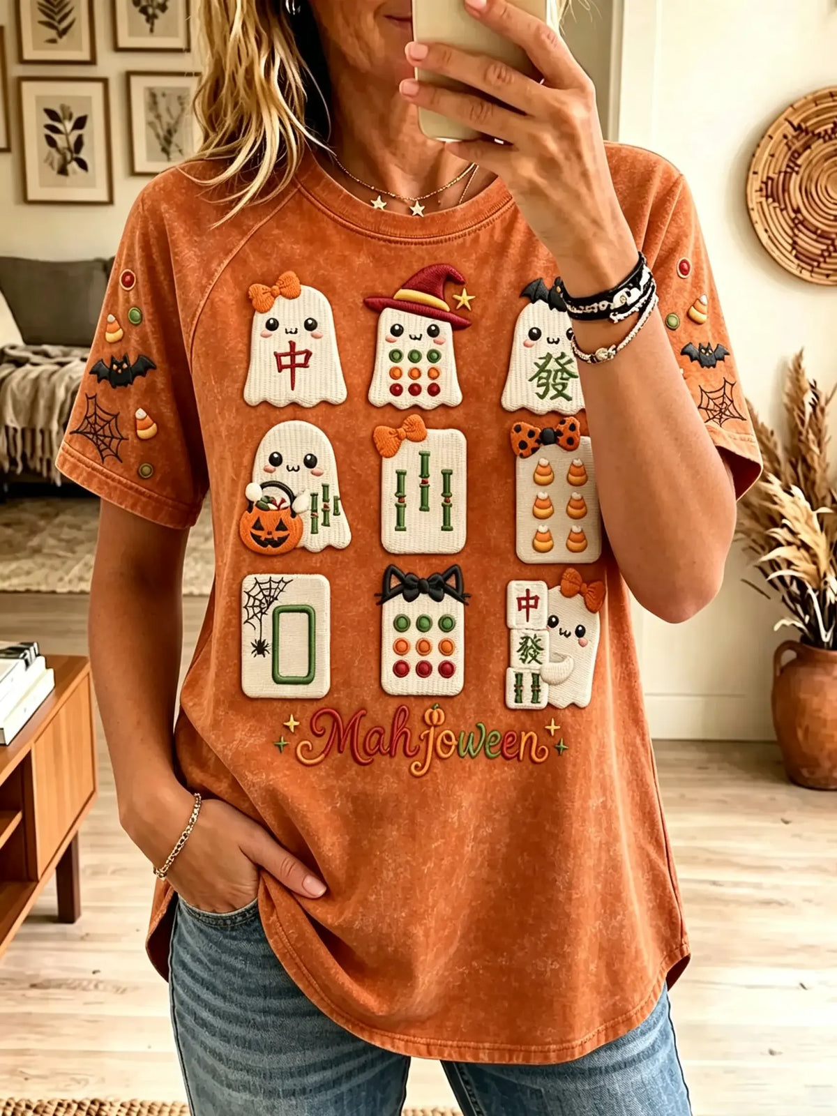 Women's Mahjong Ghost Graphic Acid Wash T-Shirt