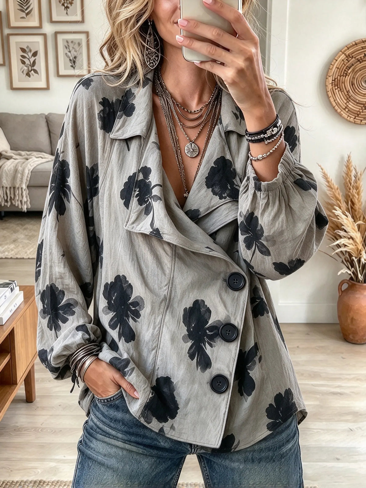 Women's Floral Print Asymmetric Button Wrap Jacket