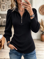 Women's Half-Zip Puff Sleeve Ribbed Knit Sweater