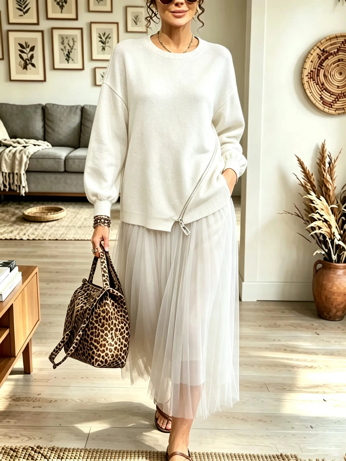 Women's Zipper Accent Sweater Tulle Faux Two-piece Midi Dress