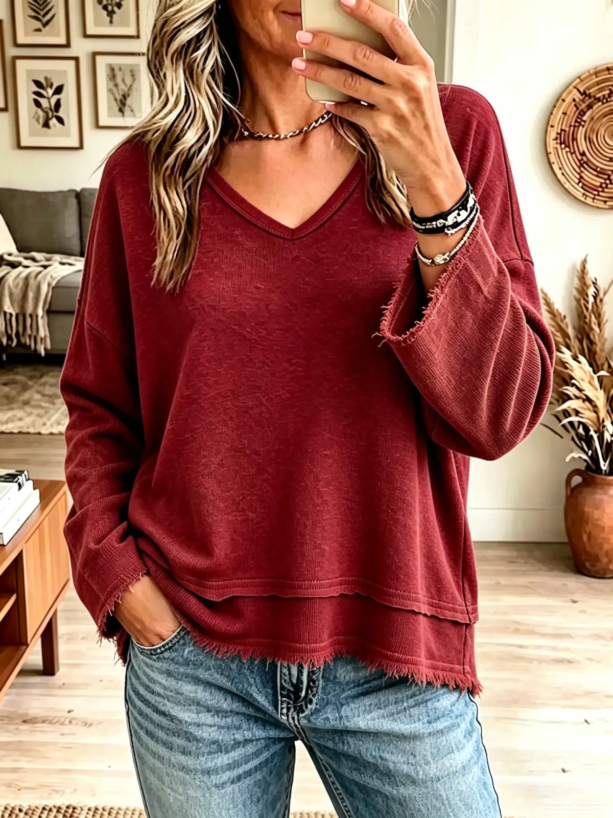 Women's Raw Hem Frayed V-Neck Pullover Sweatshirt