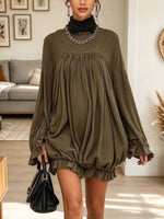 Women's Gathered Bubble Hem Lantern Sleeve Mini Dress