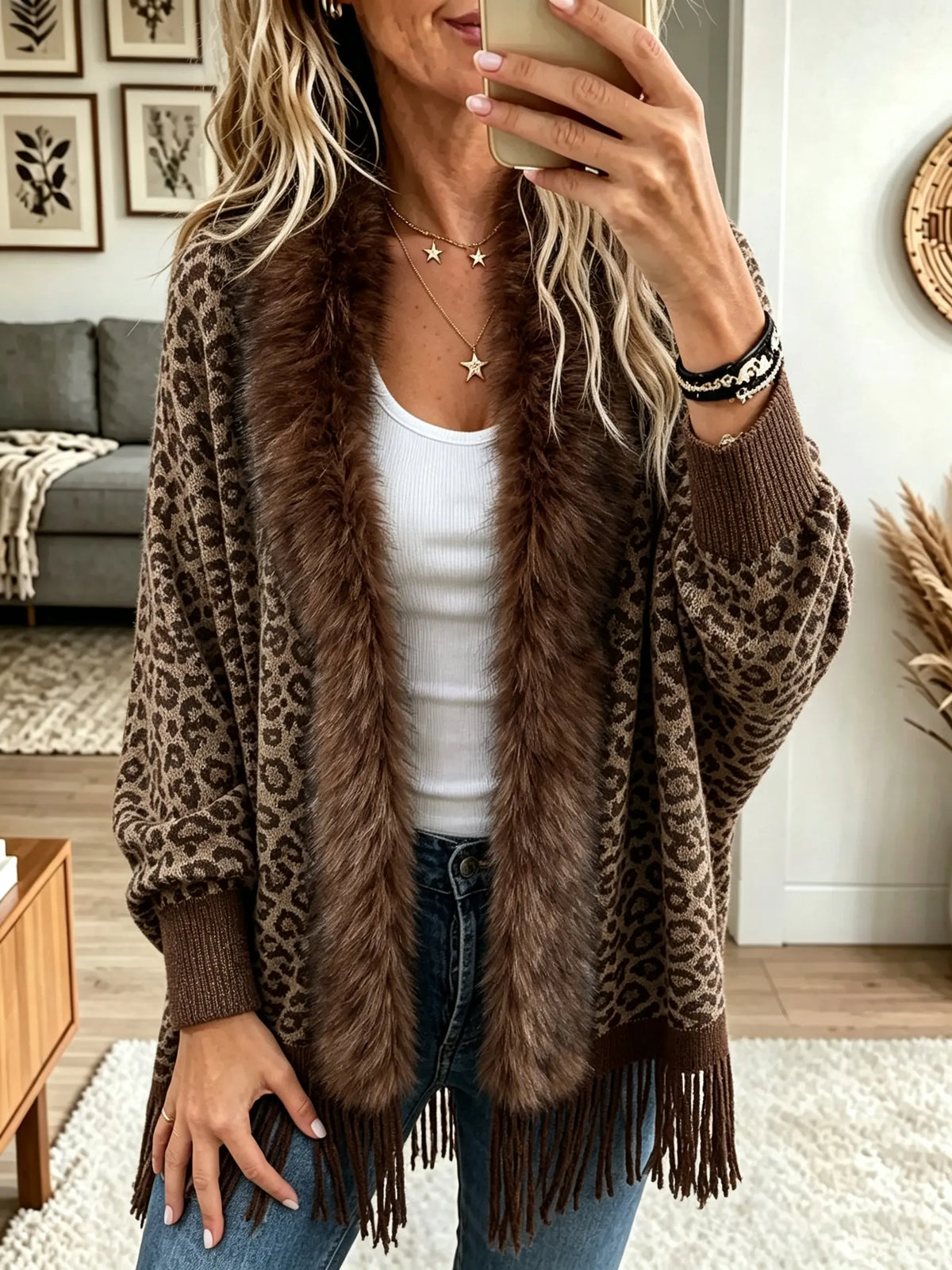 Women's Leopard Faux Fur Collar Fringe Cardigan