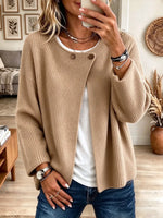 Women's Round Neck Long Sleeve Asymmetric Button Open Front Loose Knit Sweater