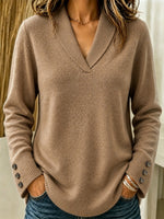 Women Shawl Collar V-Neck Knit Sweater With Button Cuffs