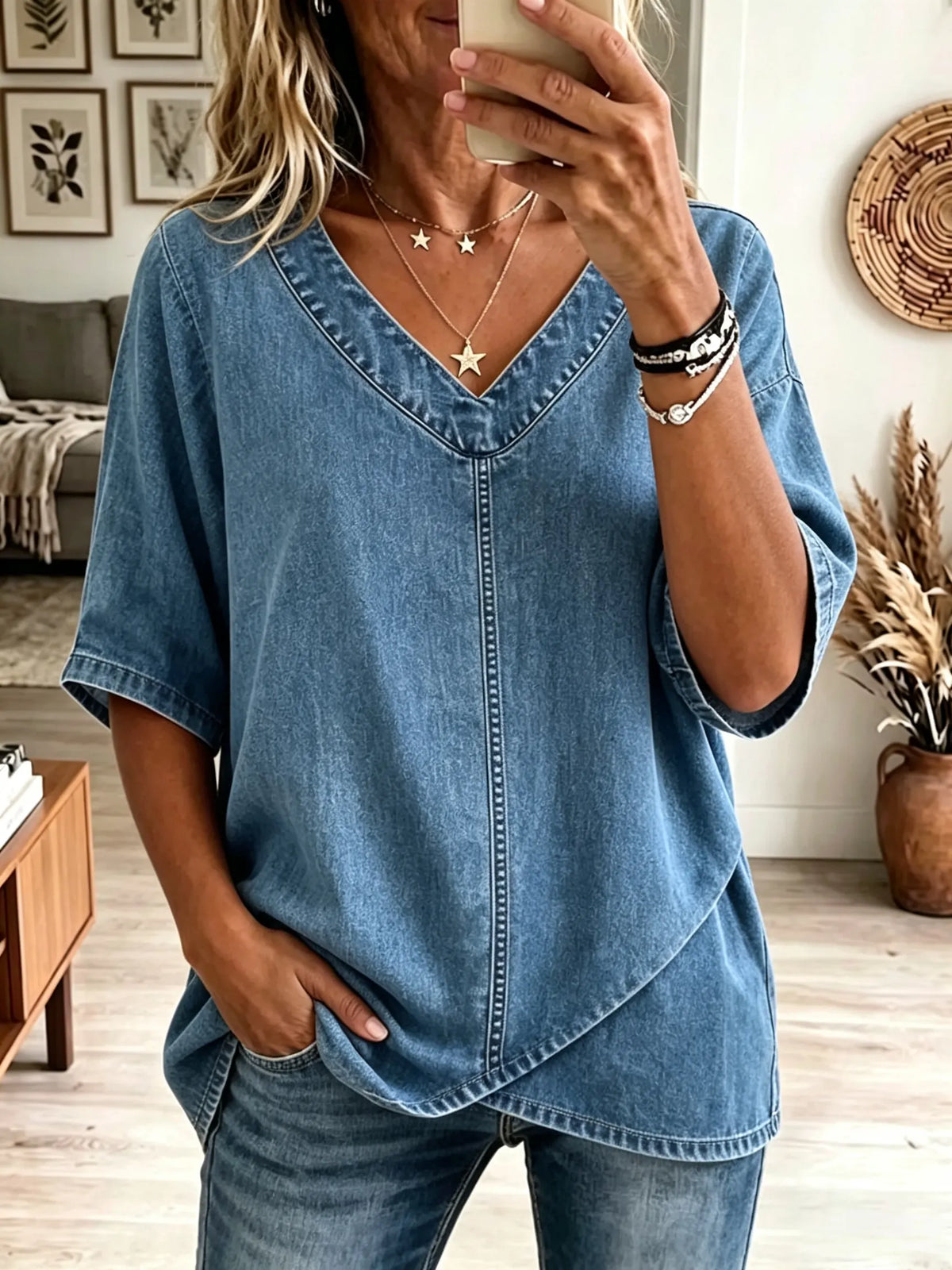 Women's V-Neck Crossover Hem Denim Top