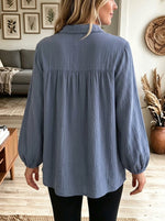 Women's Collared Button Down Ruffle Yoke Bubble Long Sleeve Blouse