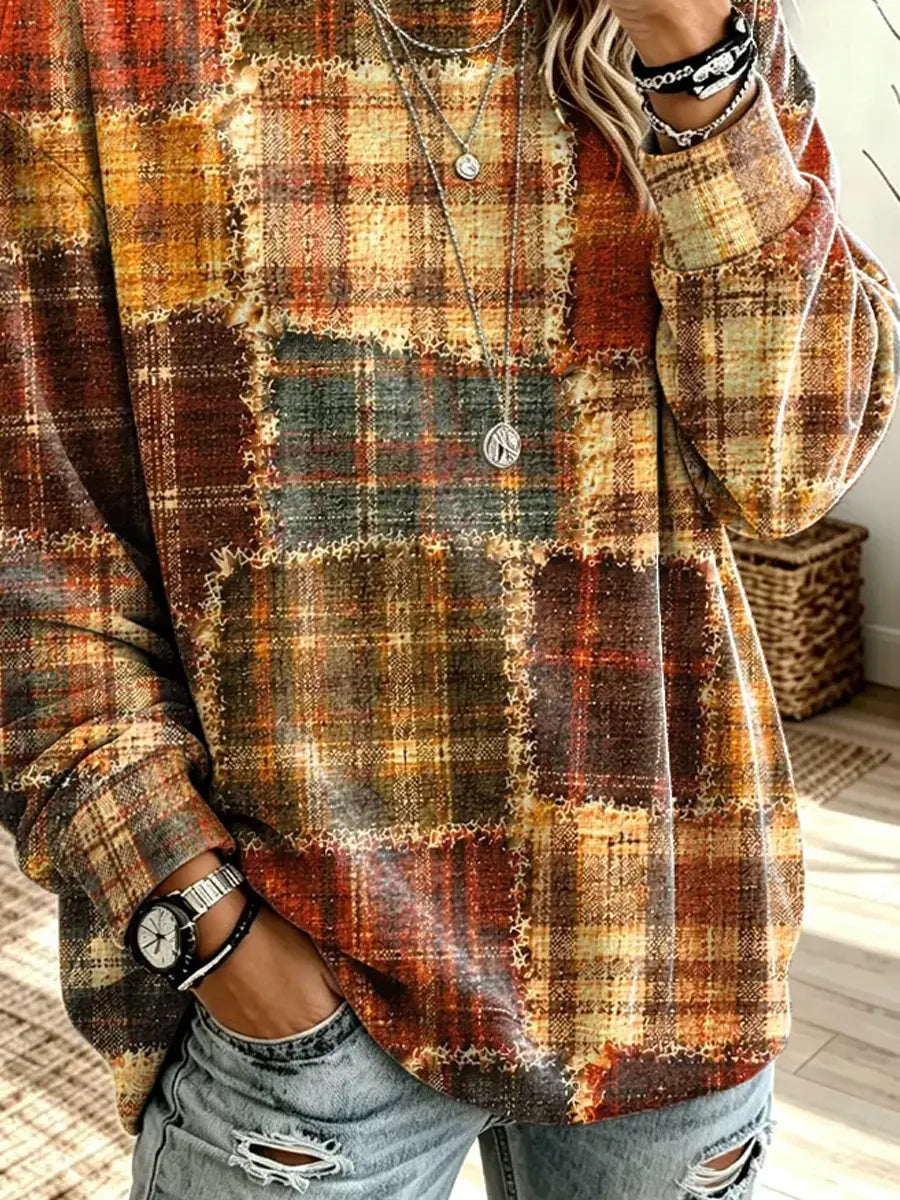Retro Plaid Patchwork Pattern Art Print Casual Long Sleeve Sweatshirt