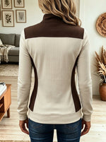 Women Color Block Ribbed Stand Collar Full Zip Jacket
