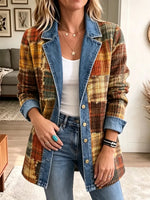 Retro Plaid Pattern Art Casual Denim Patchwork Stylish Long Sleeve Coat