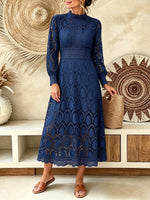 Women's Solid Hollow Lace Long Sleeve Midi Dress