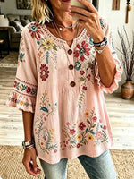 Vintage Floral Pattern Hollow Art Casual Stylish Cotton Linen Shirt
