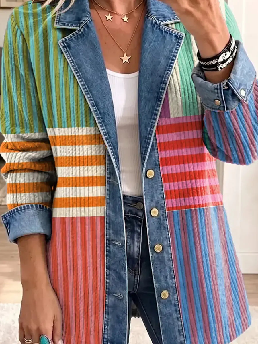 Retro Geometric Pattern Art Casual Denim Patchwork Stylish Long Sleeve Coat