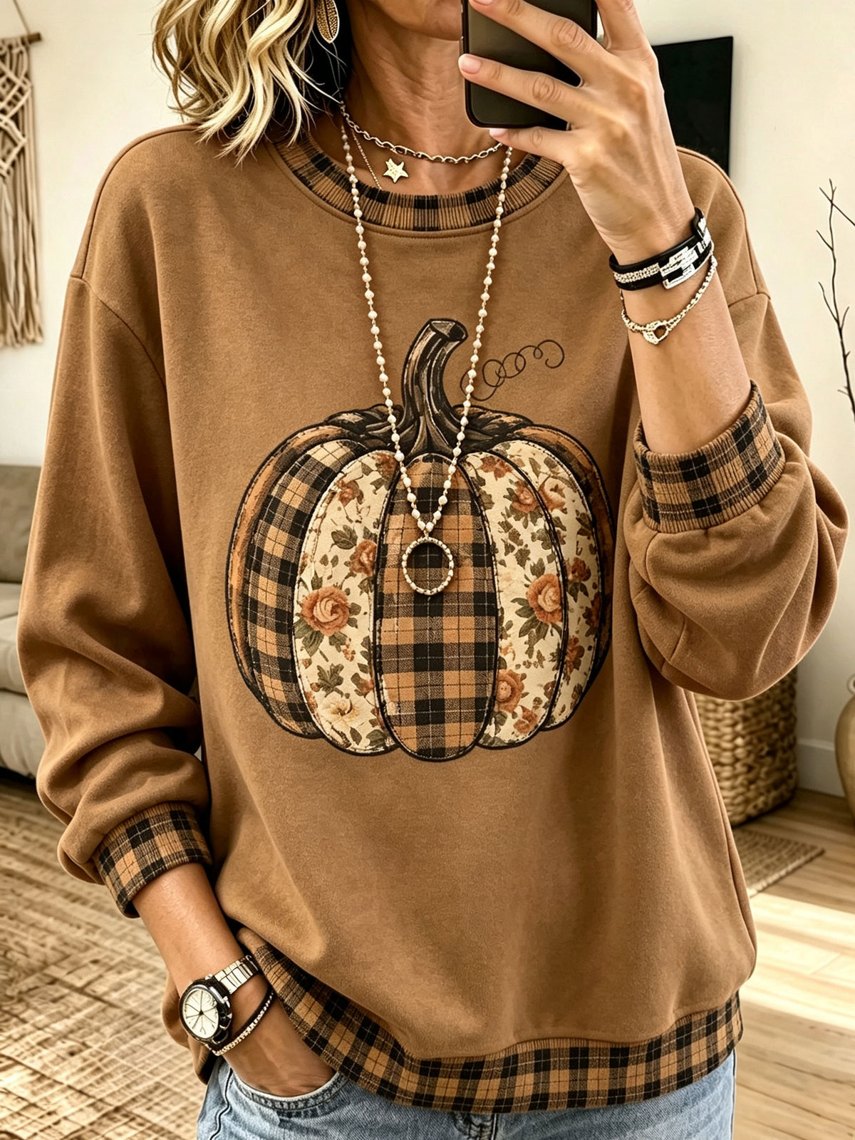 Women Fall Pumpkin Graphic Plaid Trim Long Sleeve Casual Sweatshirt