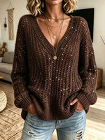 Women V‑Neck Hollow Mesh Sequin Embellished Oversized Long Sleeve Knit Sweater