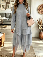 Women's Mock Neck Asymmetrical Tulle Hem Sweater Dress