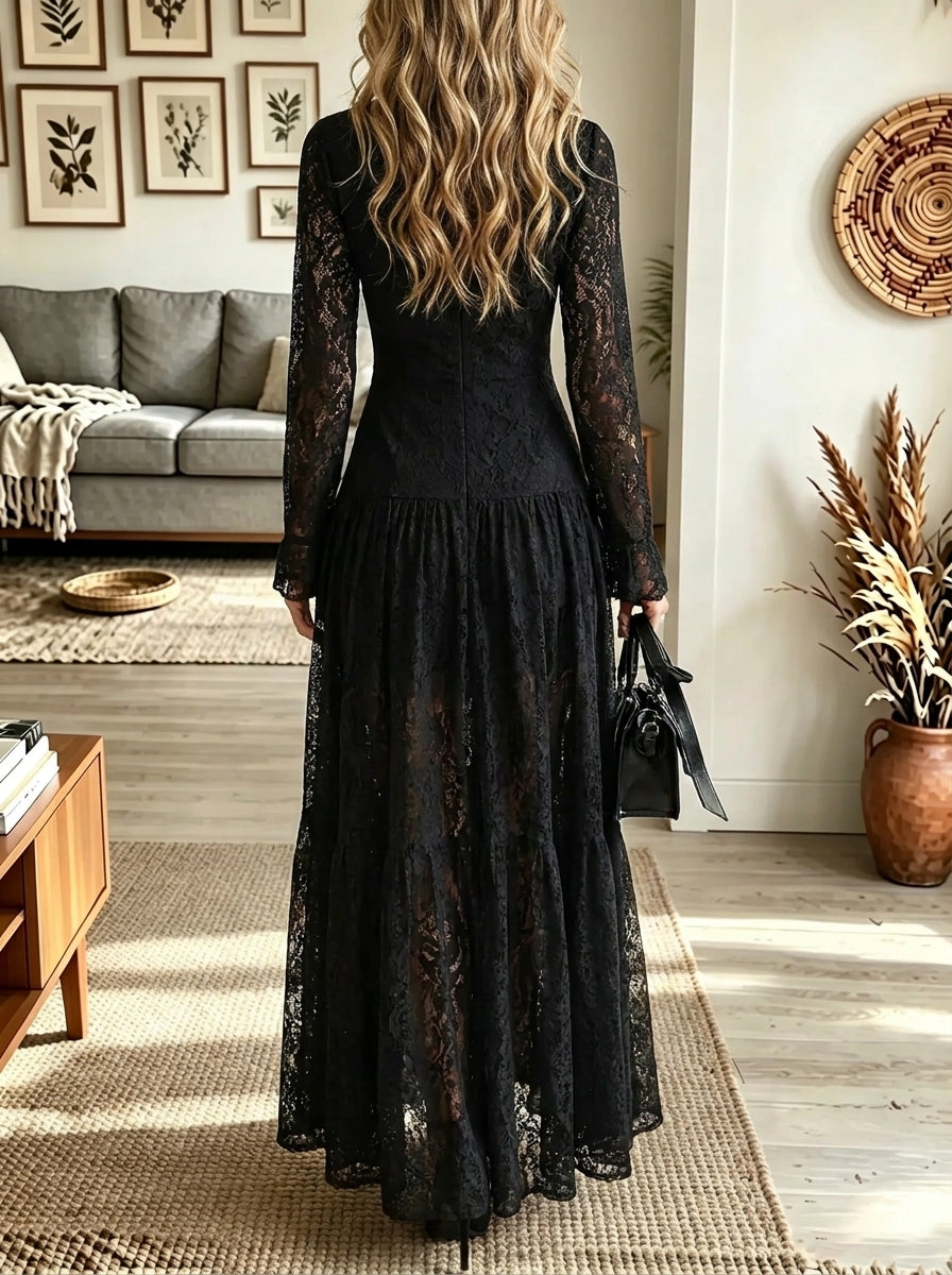 Women's Zip-Front Floral Lace Maxi Shirt Dress