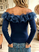 Women's Off-the-Shoulder Ruffle Organza Knit Top
