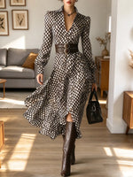 Vintage Chic Diamond Print Lapel Art Casual Stylish Long Sleeve Dress