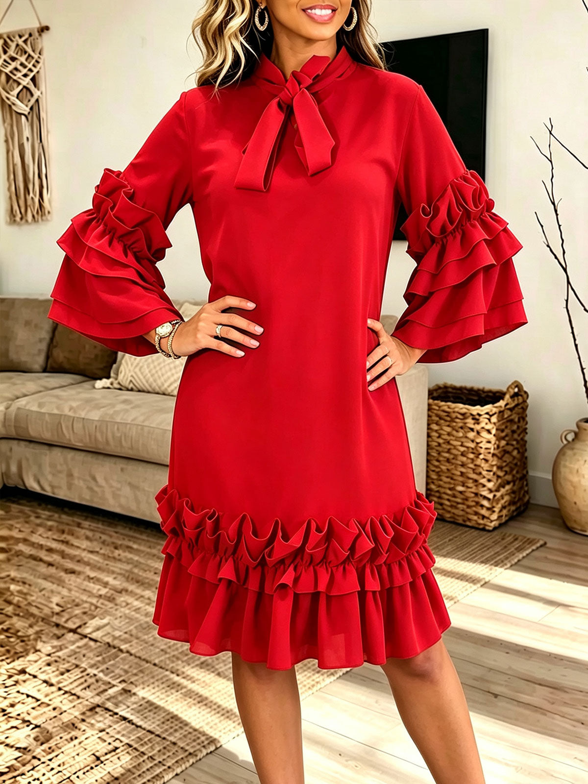 Women Bow Tie Neck Layered Ruffle Bell Sleeve Shift Midi Dress