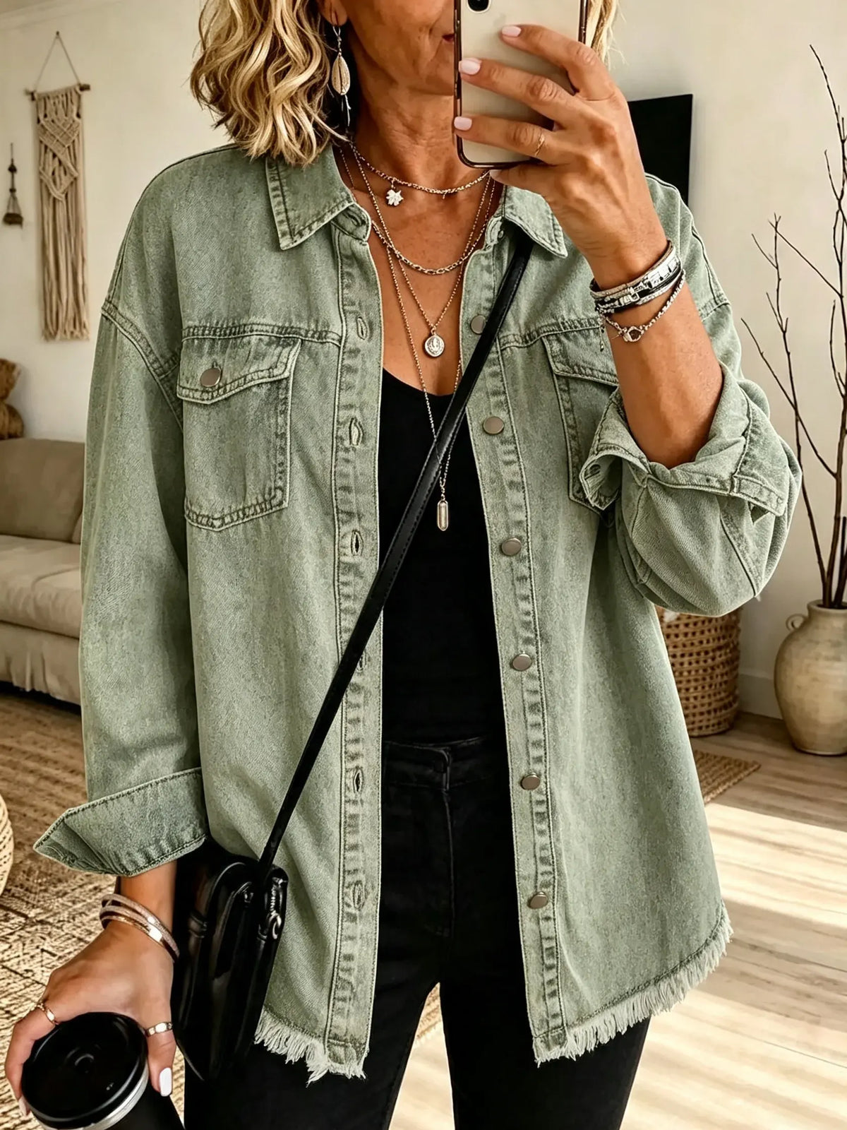 Women's Raw Hem Denim Shirt Jacket