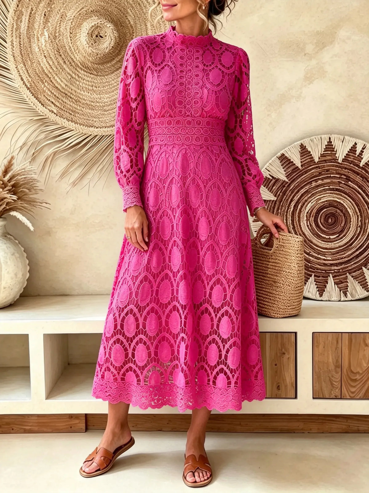 Women's Solid Hollow Lace Long Sleeve Midi Dress