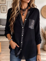 Women's Casual V-Neck Button Down Shirt with Sequin Trim & Pocket Chic Blouse