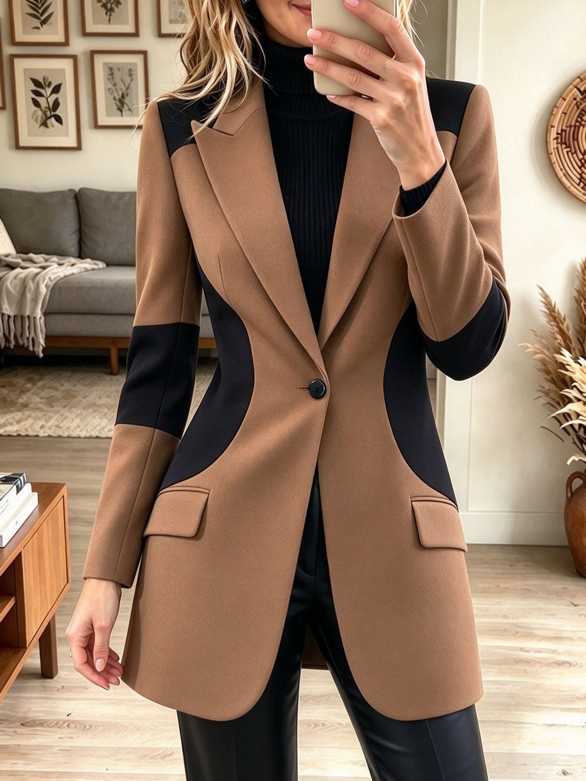 Women's Colorblock Blazer Jacket Single Button Lapel Slim Fit Workwear Coat