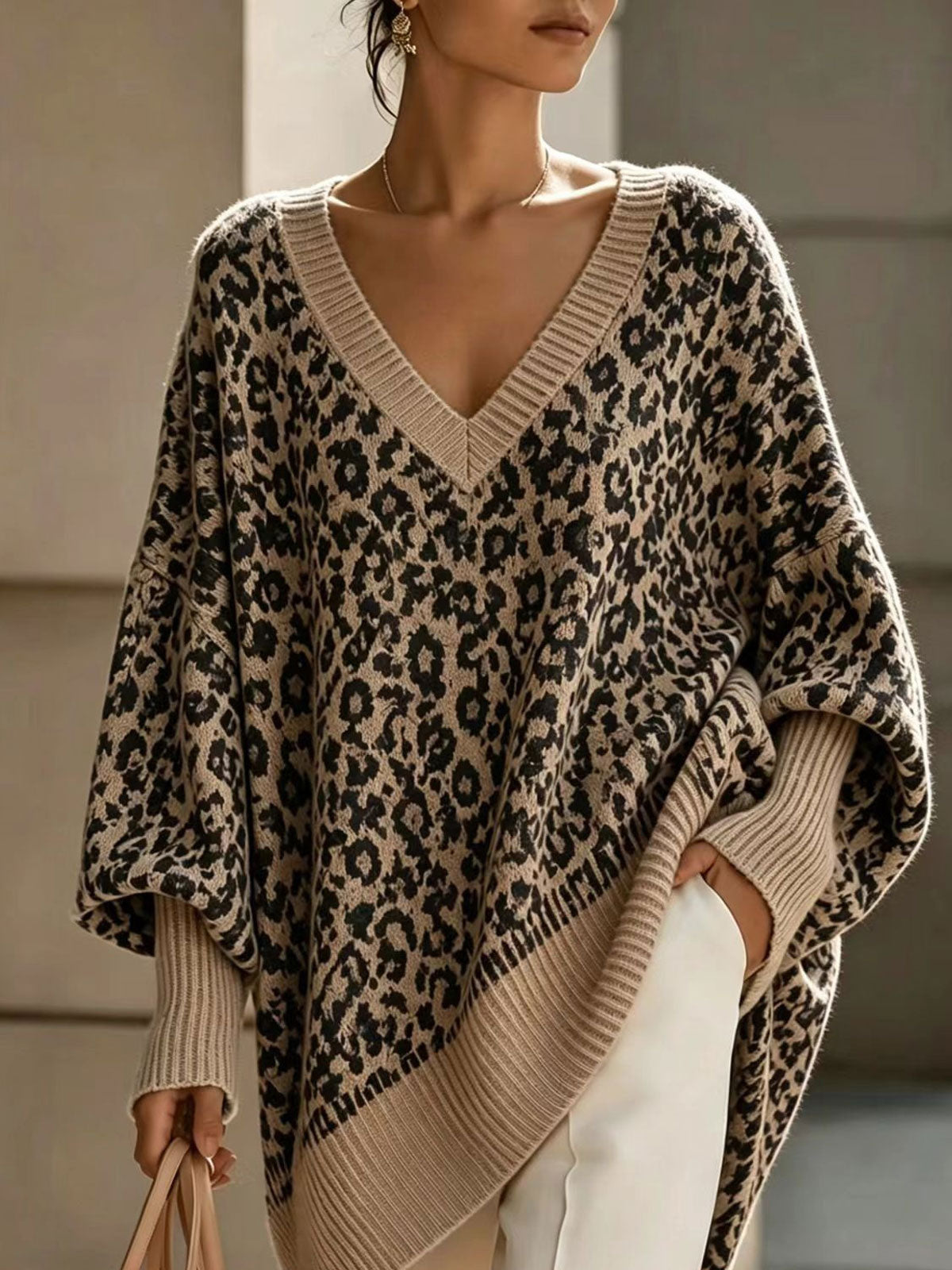Women Oversized V‑Neck Leopard Print Batwing Sleeve Knit Sweater