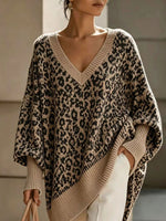 Women Oversized V‑Neck Leopard Print Batwing Sleeve Knit Sweater