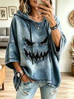 Retro Funny Halloween Pattern Art Casual Long Sleeve Hooded Denim Sweatshirt