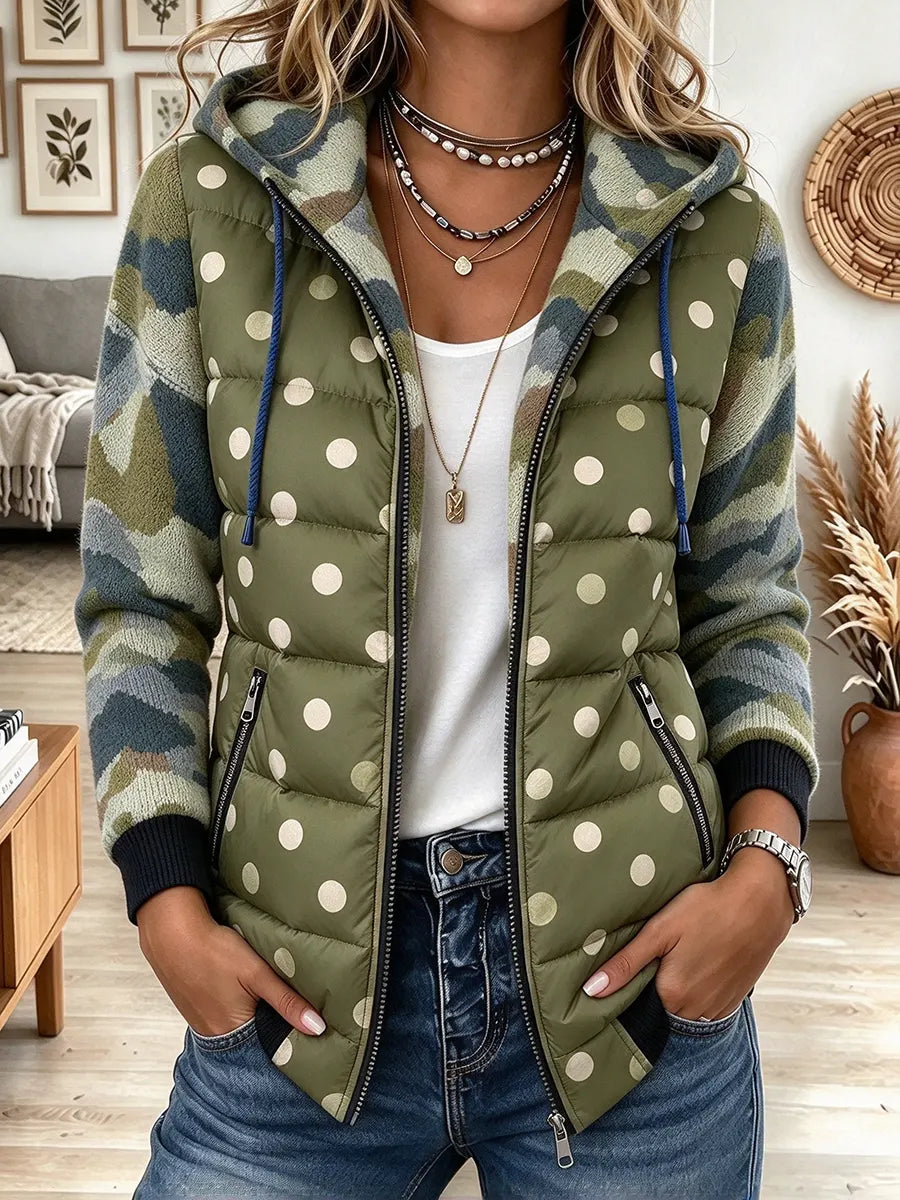 Women's Vintage Camouflage Polka Dot Print Patchwork Quilted Winter Jacket