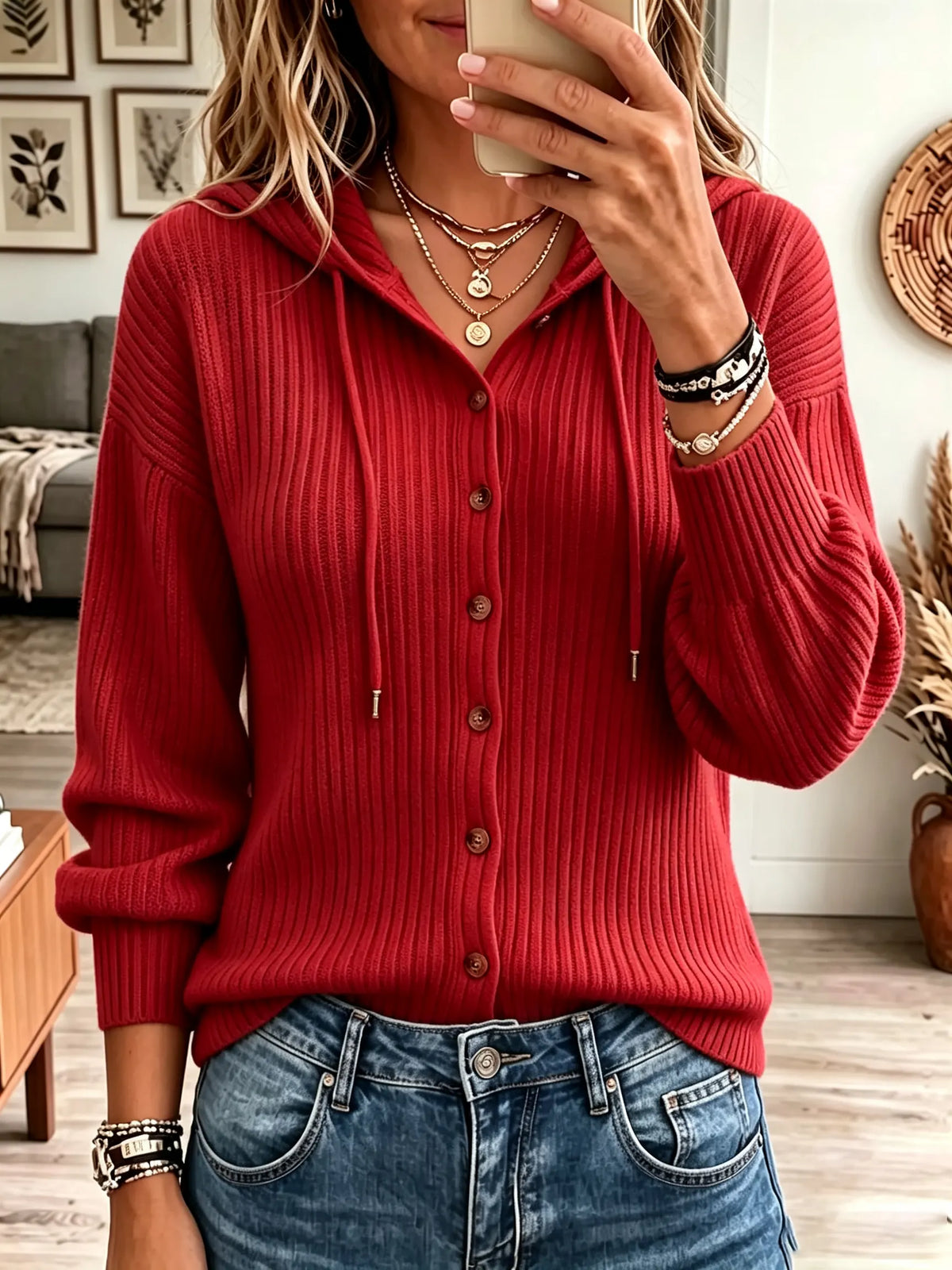 Women's Hooded Button-Down Ribbed Knit Cardigan