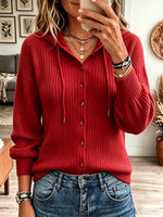 Women's Hooded Button-Down Ribbed Knit Cardigan