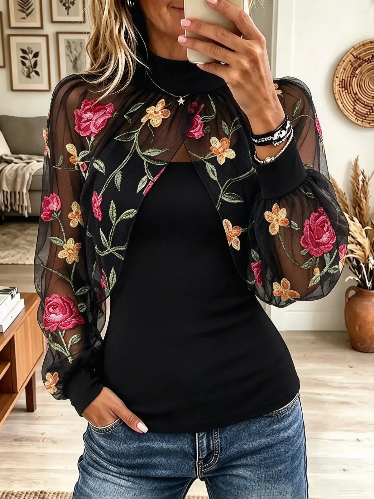 Women's Floral Sheer Mesh Mock Neck Top