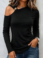 Women's Gold Ring Cold Shoulder Top, Off Shoulder Long Sleeve Knit Casual Blouse