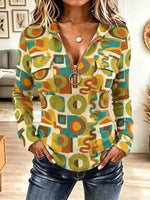 Vintage Geometric Pattern Zip Art Casual Stylish Hooded Long Sleeve Top