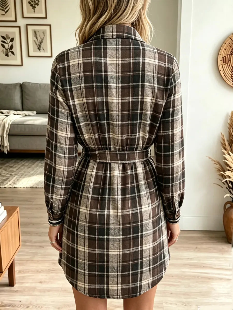 Retro Lapel Plaid Pattern Art Casual Stylish Long Sleeve Mini Dress