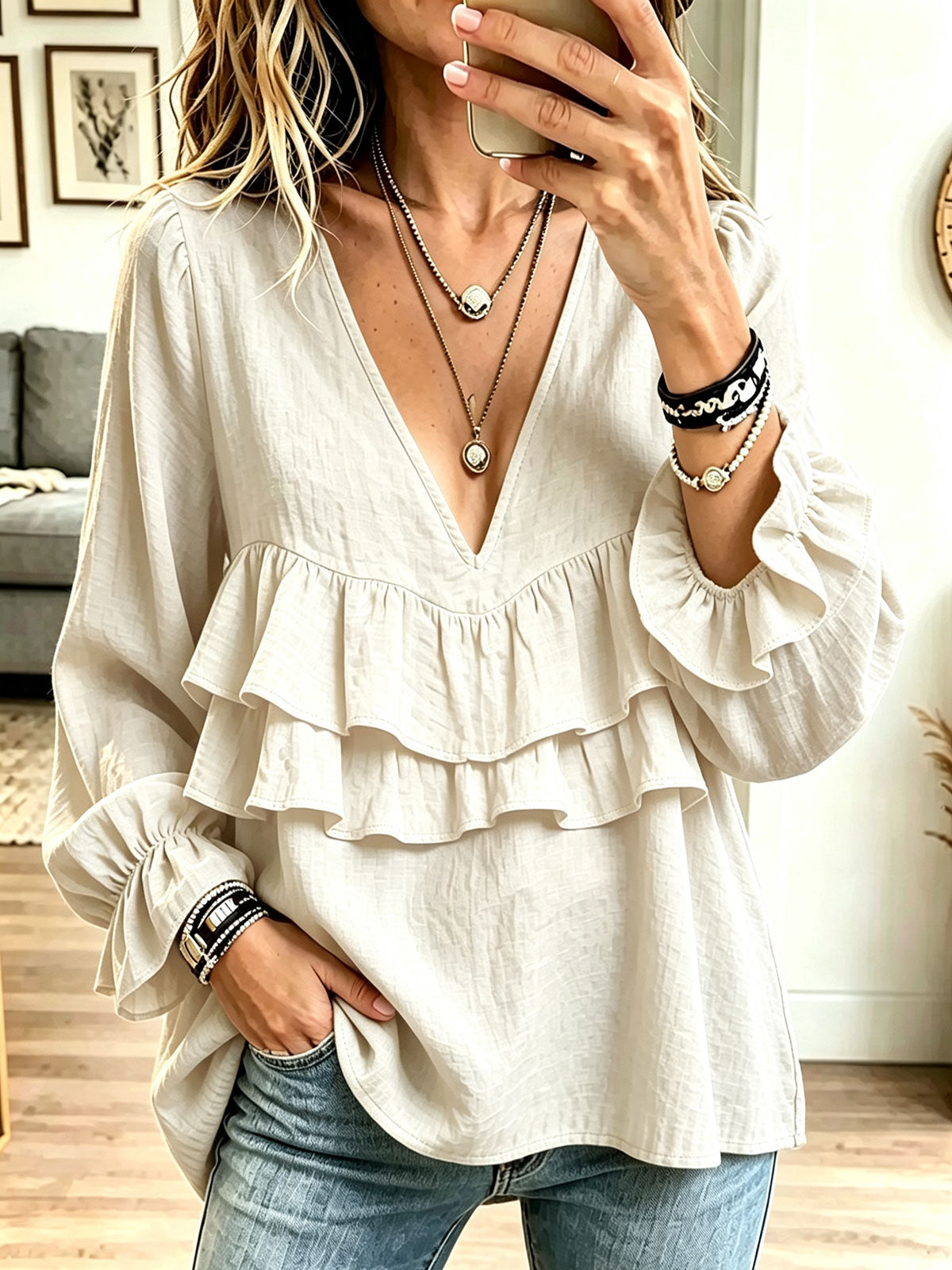 Women V‑Neck Double Ruffle Flounce Long Puff Sleeve Blouse Top