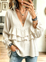 Women V‑Neck Double Ruffle Flounce Long Puff Sleeve Blouse Top