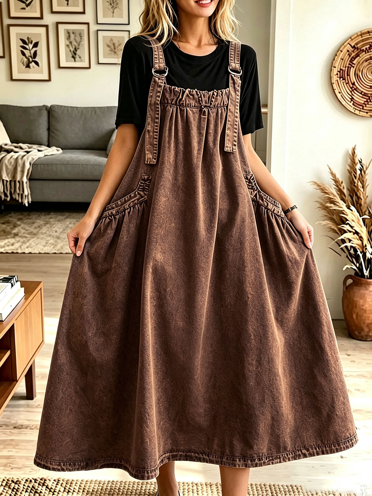 Women Loose Denim Pinafore Midi Dress With Adjustable Straps