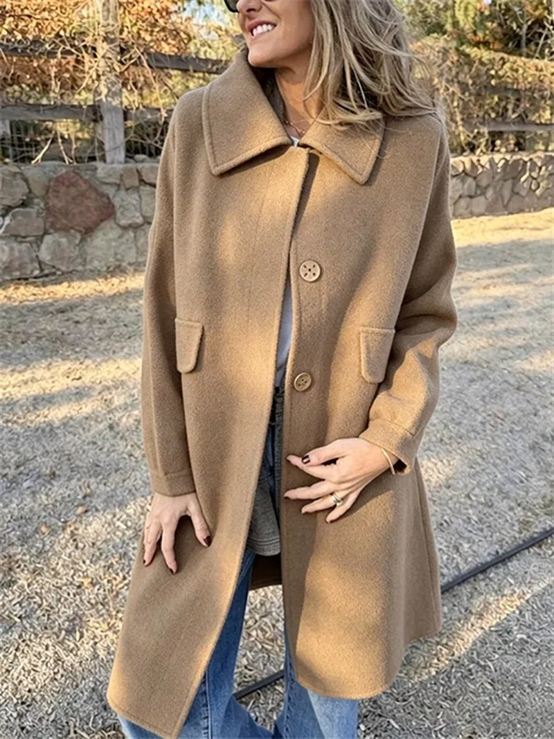 Women Dusty Purple Wide Collar Single Breasted Mid Length Wool Coat