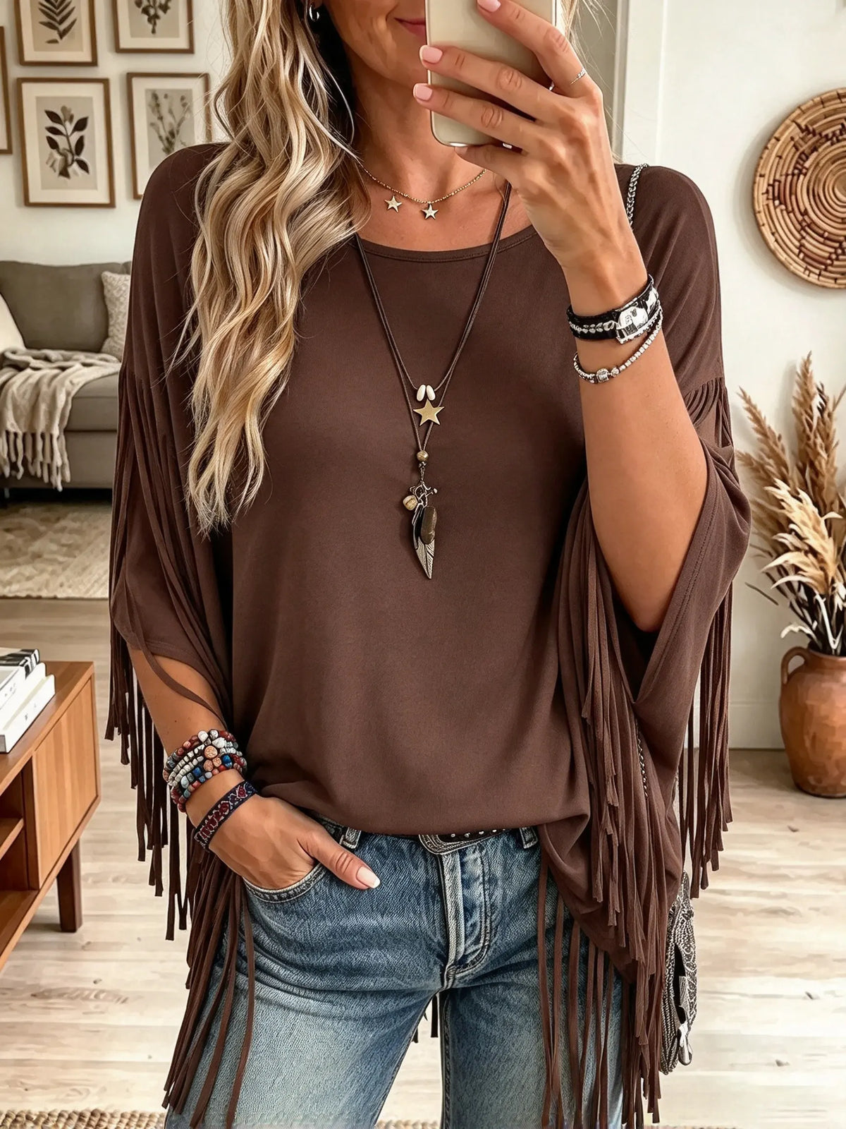 Women's Fringe Batwing Sleeve Bohemian Tunic Top