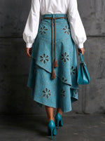 Women Teal Denim Hollow Floral Embroidery Asymmetrical Ruffle Midi Skirt