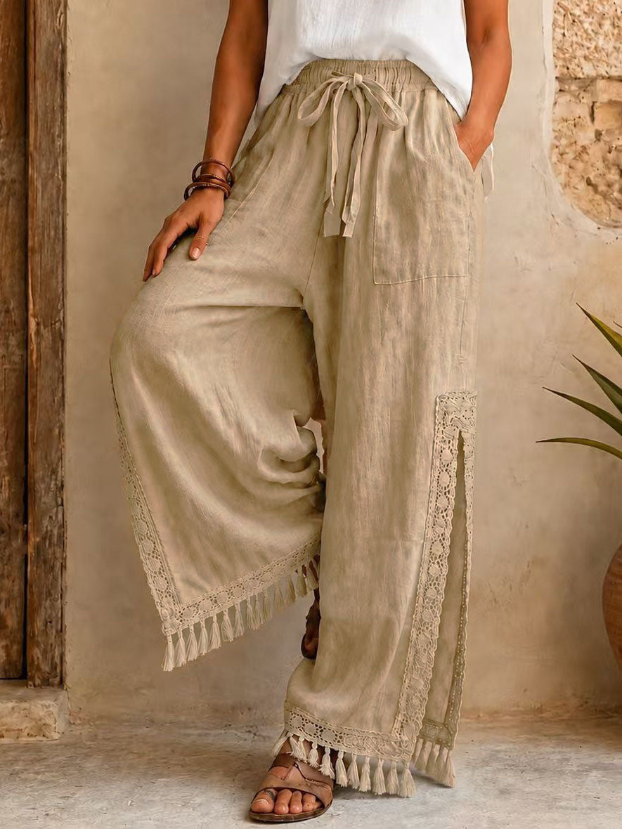 Women's Bohemian Lace Tassel Slit Linen Pants
