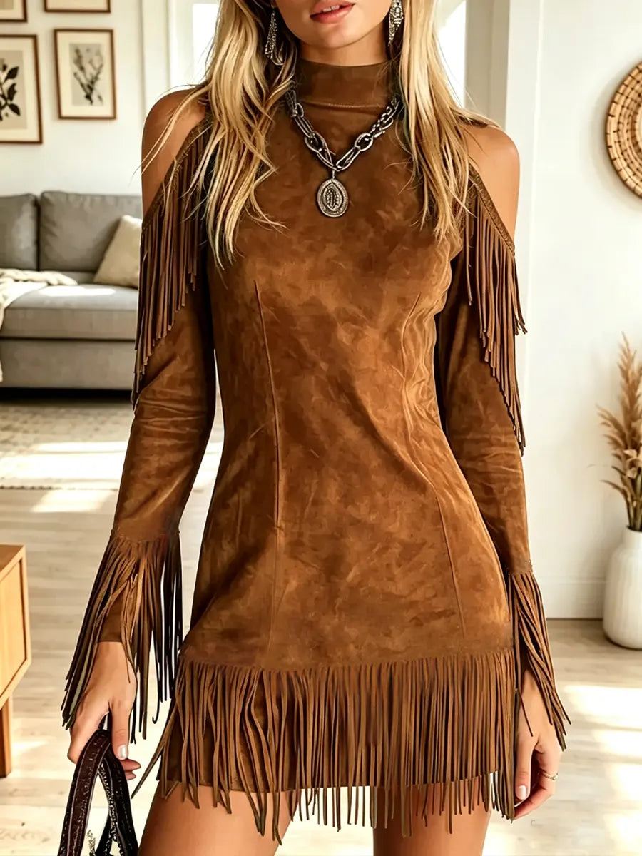 Vintage Western Fringe Art Off-shoulder Casual Stylish Long Sleeve Dress